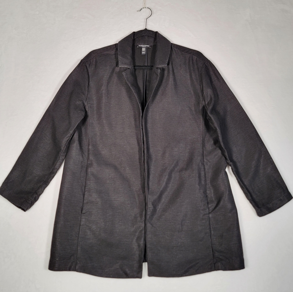 Eileen Fisher Linen Blend Open Front, Longline Jacket in Black, Size PM